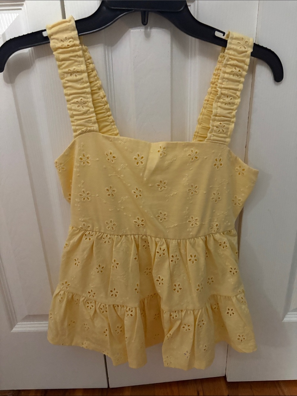 SO Pale Yellow Eyelet Ruffle Tiered Tank